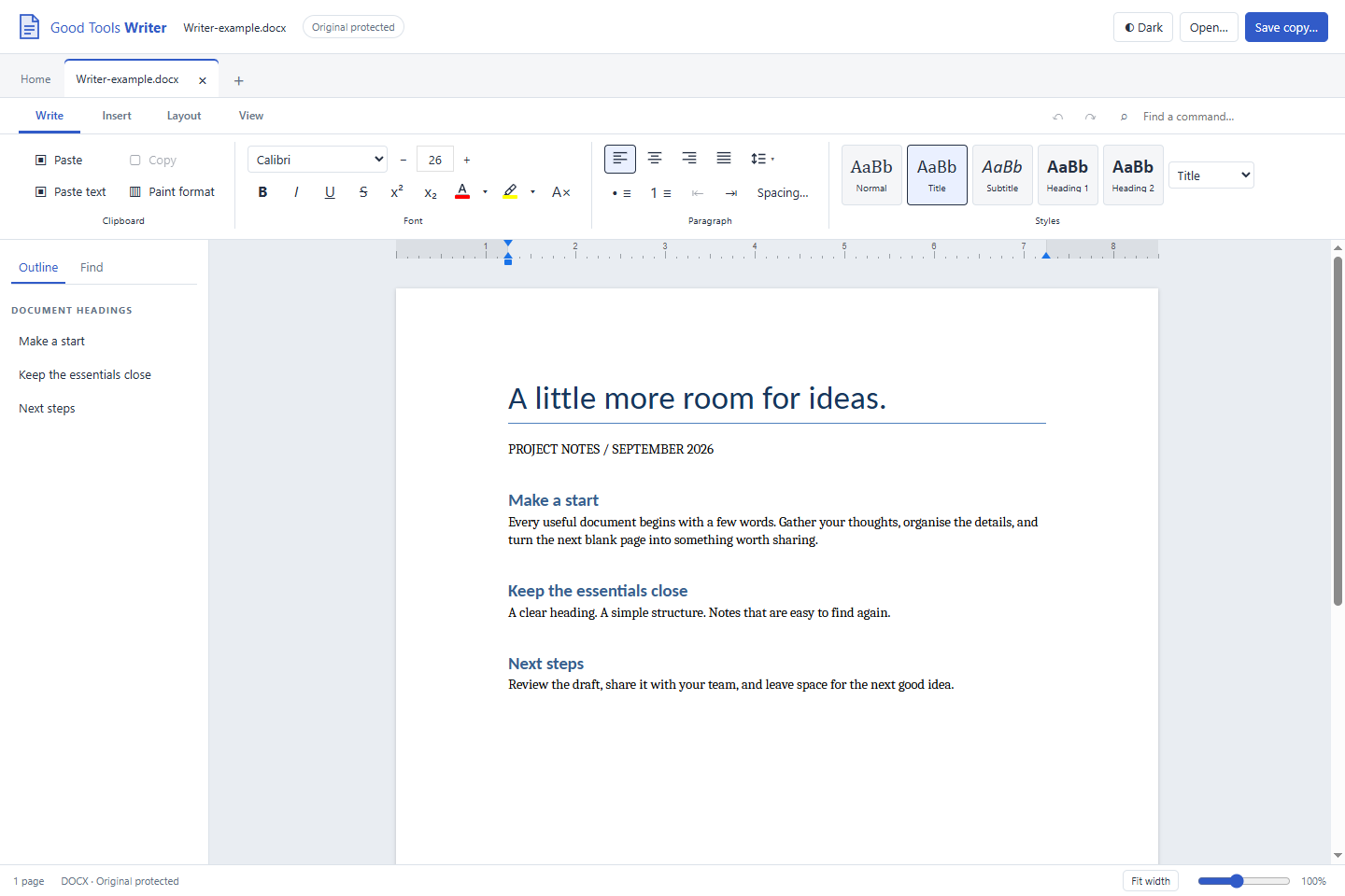 Good Tools Writer development version with document tabs, formatting toolbar, outline and a sample project-notes document